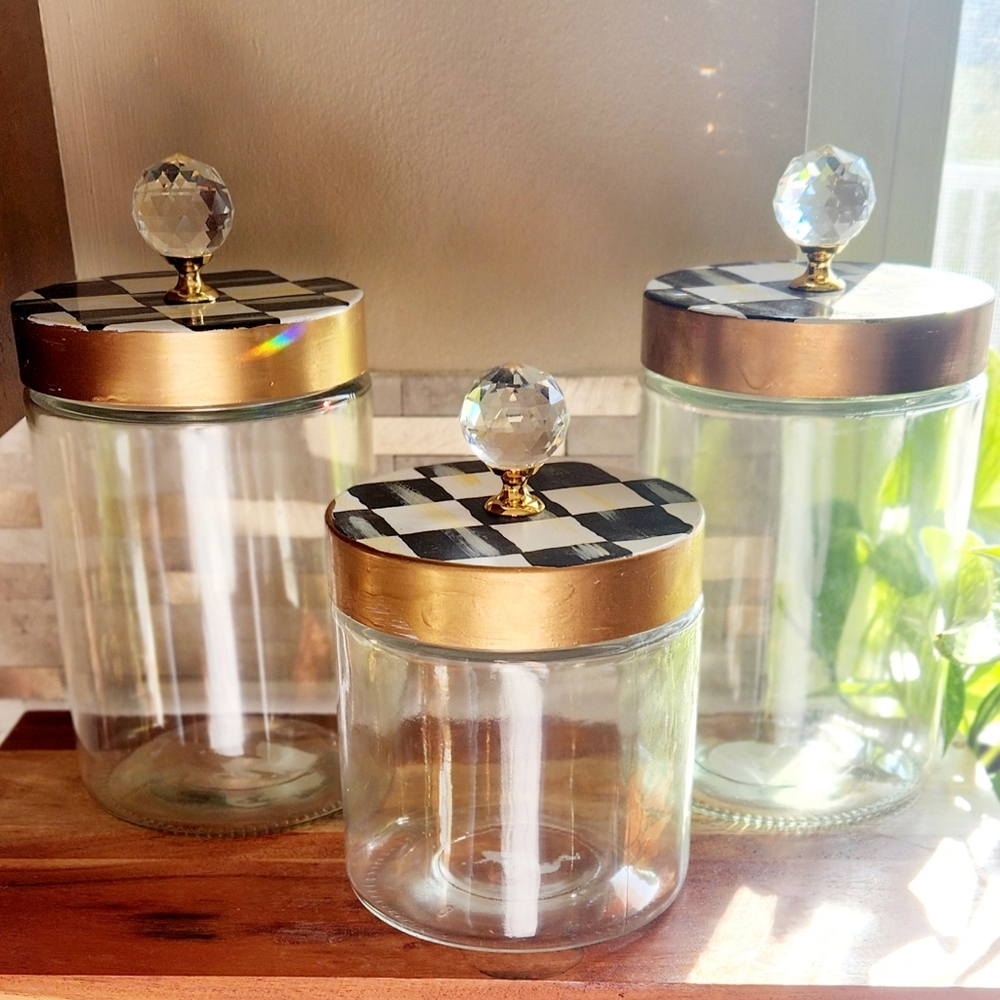 New! Glass, Hand-Painted , checked canister set with crystal knobs!